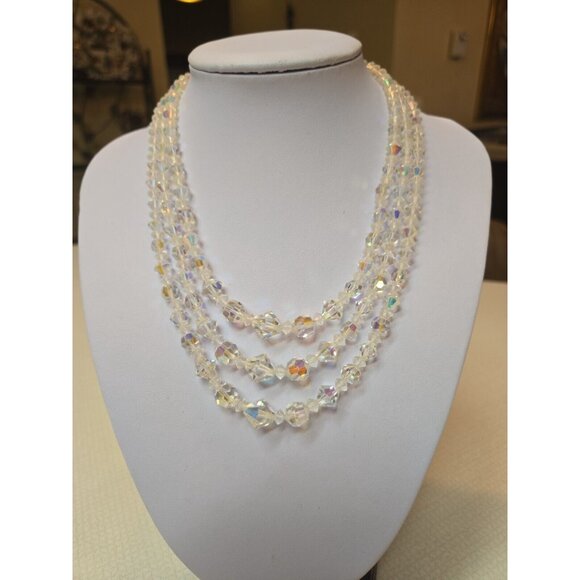 Vintage Triple Strand Graduated AB Necklace Plus brooch Set 1940s Demi Parure - Picture 8 of 8